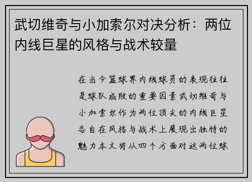 武切维奇与小加索尔对决分析：两位内线巨星的风格与战术较量